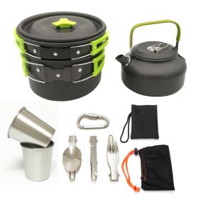 Outdoor Jacketed Kettle 2-3 Person Camping Teapot Tableware Suit (Color: Green)